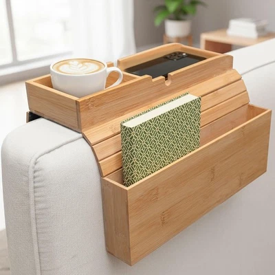 AyuHome Bamboo Couch Cup Holder, Sofa Tray & Couch Armrest Table, Adjustable Ant - Image 1 of 4