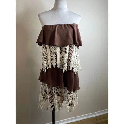 Judith March Strapless Ruffled Dress Size Large Brown Ivory Crochet Flounce - Image 1 of 4