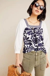 NWT Maeve Liyah Embroidered Blouse Size 2 Navy Blue Ivory Anthropologie - Picture 1 of 14