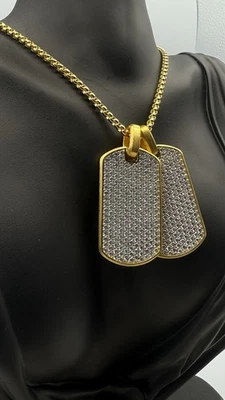 2 Lab Created DogTags 42mm Yellow Gold Plated Yurman Diamonds .925 Silver - Image 1 of 4