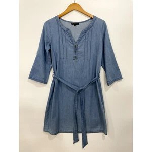 Chic Connection Women's Dress Small Blue Denim Shift Roll Up Tab Sleeves Beachy - Picture 1 of 13