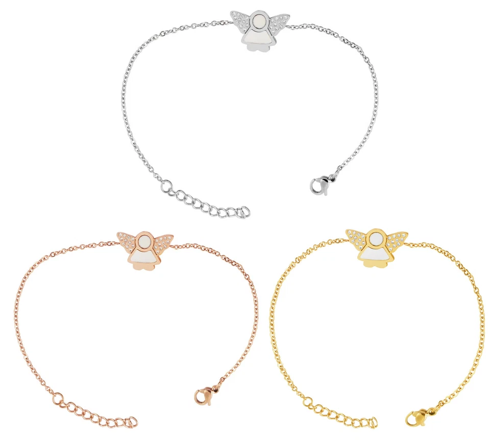 Edelstahl Armband Armkette Engel Perlmutt 17cm - 20cm Ankerkette Zirkonia Strass - Bild 1 von 4