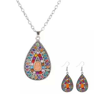 2PCS Antique Women Hoop Earrings Necklace Set Water Drop Dangle Boho Jewelry - Picture 1 of 11