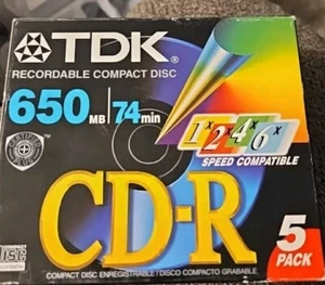 Discos compactos grabables compatibles con 8 velocidades TDK 650MB 74 min/paquete de 5-NUEVOS - Imagen 1 de 1