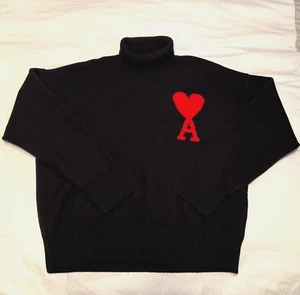 AMI Paris Oversized Wool Black Turtleneck Sweater Chunky Knit Logo Mens Medium - Picture 1 of 5