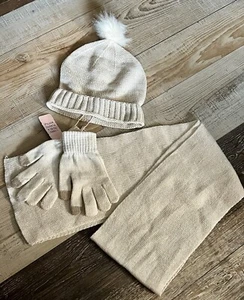 Ladies 3 Piece Hat, Gloves, And Scarf Set - Beige/Tan White - Recycled Material - Picture 1 of 10