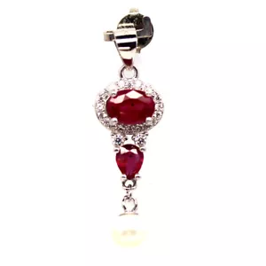 925 Argento Sterling Placcato Oro Bianco Rosso Rubino, Perla E Zircone Ciondolo - Foto 1 di 4