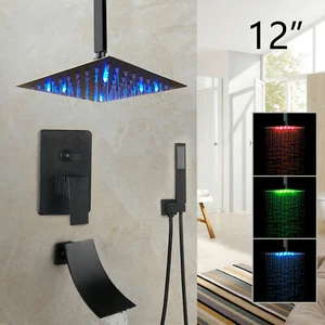 12" LED Regendusche Facuet Set Eckig Kopf Mischbatterie Regelventil Wasserfall Wanne Wasserhahn - Bild 1 von 8