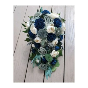 Navy Gray Sola Wood Flower Bridal Cascade Bouquet Wedding Artificial Bridesmaid - Picture 1 of 19