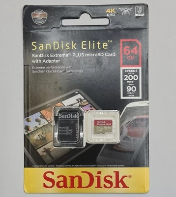 SanDisk Extreme PLUS 64GB MicroSDXC 200MB/s 4K UHD Class 10, U3, V30, A2 - Image 1 of 2