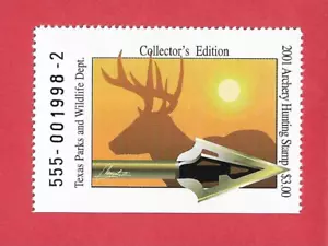 2001 - Texas Archery Hunting Stamp - Collector's Edition - MNH OG - Picture 1 of 2