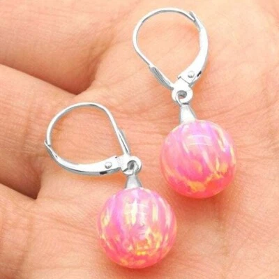 Pendientes colgantes bola melocotón rosa ópalo de fuego de 6 mm-10 mm con cierre de palanca de oro blanco de 14 K Foto 1 de 4