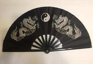 Chinese Kung Fu Tai Chi Martial Arts Double White Dragon Hand Fan Black - Picture 1 of 1