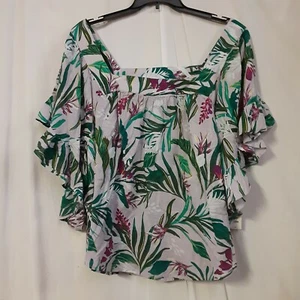 Terra & Sky Square Neck Cotton Floral Peasant Short Sleeve Top 4X Plus - Picture 1 of 4