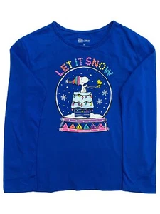 Peanuts Girls Long Blue Let it Snow Snoopy Holiday Tee Shirt T-Shirt - Picture 1 of 1