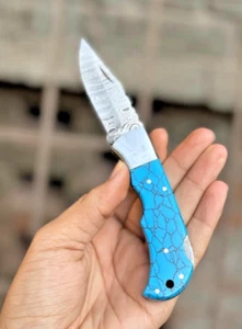 Custom Handmade Damascus Steel Folding Knife with Blue Turquoise Handle - Picture 1 of 5