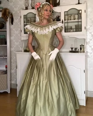 Victorian Wedding Dresses Mint Green Satin Corset Laced Lace Ruffles Medieval - Image 1 of 4