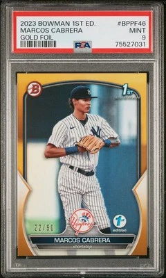 Marcos Cabrera 2023 Bowman 1st Edition Gold Foil /50 1st PSA 9! Yankees, Pop 1 - Image 1 of 2