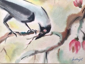 Vintage Painting India Art Bengal Calcutta JUDHAJIT Watercolour Ink Crow Bird - Picture 1 of 3