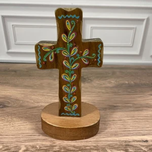 Hand Painted Wooden Standing Cross Religious Decor Friend Gift Colorful 6 inch - Picture 1 of 6