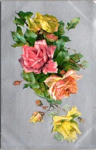 Vintage geprägte Postkarte rosa gelbe Rosen Blumenmuster mehrsprachige Rückseite - Bild 1 von 2