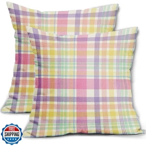 Spring Plaid Pillow Covers 16x16 Set of 2 Easter Colorful Pink Yellow Purple - Picture 1 of 5