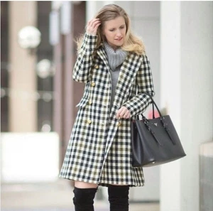 J Crew Plaid Oxford Long Wool Pea Coat Gold Buttons Black Gold Ivory Multi Sz 2 - Picture 1 of 15