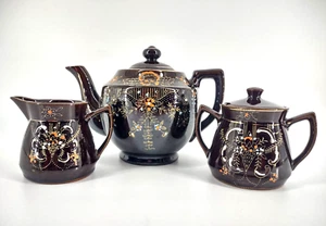 Vintage Moriage 5 Piece Teapot Creamer Sugar Set in Dark Chocolate Glaze Japan - Picture 1 of 21