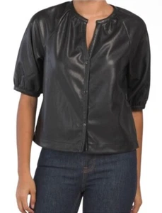 Avec Les Filles NWT Black Faux Leather Short Sleeve Button-Up Blouse Medium - Picture 1 of 6