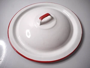 Weiß Emaillegeschirr Pfanne Deckel roter Griff Kammer Topf Bauernhaus 10 1/2" - 1 1/4" - Bild 1 von 14