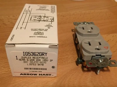 ARROW HART 20A, 125V ISOLATED GROUND DUPLEX RECEPTACLE IG5362 GRY - Image 1 of 4