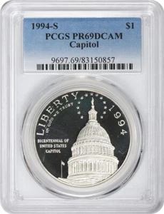 1994-S Capitol Silver Commemorative Dollar PR69DCAM PCGS Proof 69 Deep Cameo - Picture 1 of 2