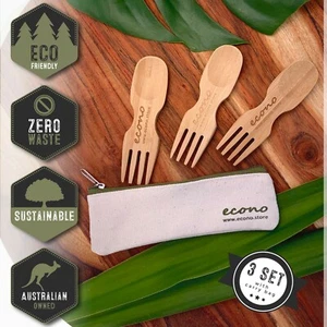 Bamboo Spork Set - Reusable Eco-Friendly Travel/Take-away/Fork/Spoon/Zip-up Case - Picture 1 of 12