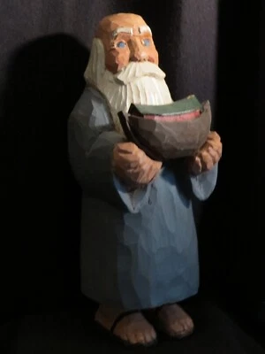 Arte popular primitivo tallado a mano Noé sosteniendo arca pie firmado 11" de alto Foto 1 de 4