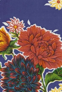 Oilcloth Fabric Classic Mums Blue Pattern Sold in Yard or Bolt - Picture 1 of 2