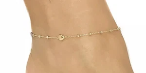 Cavigliera 14k fantasia cuore soffiato con perline lisce oro giallo regolabile 9-10 pollici - Foto 1 di 6