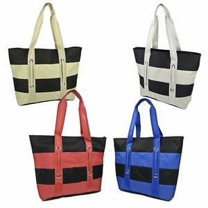 Gestreifte Canvas Tasche Strand Schultertasche Lebensmittelgeschäft blau khaki silber orange schwarz - Bild 1 von 7