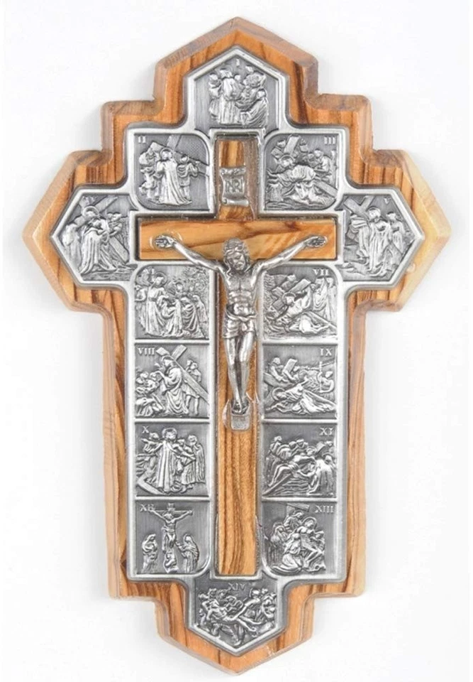 Olive Wood Crucifix - Icon Showing 14 Stations of The Cross Etched on Metal