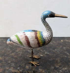 Vintage Colorful Cloisonné Enamel & Bronze Egret Stork Crane Figurine - Picture 1 of 6