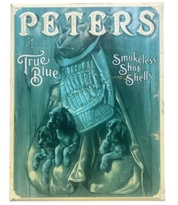 Peters True Blue Shot Shells placa signo metal azul perros arte de hojalata LEER - Imagen 1 de 8
