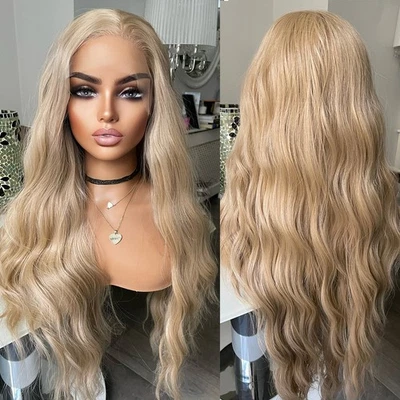 Lace Front Wigs Soft Long Wavy Ash Blonde Heat Resistant Hair Natural - Image 1 of 4