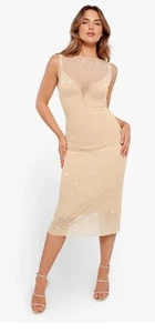 Popilush Shapewear Two-in-One Heat-Set Crystal Mesh Slim Midi Dress Nude Size L - Bild 1 von 11