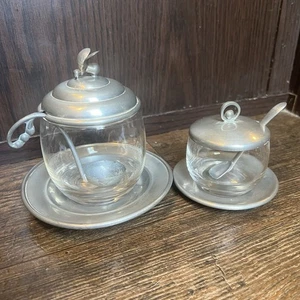 Vintage Pewter Honeybee Honey Jar And Jam Jar With Pewter Spoons - Picture 1 of 12