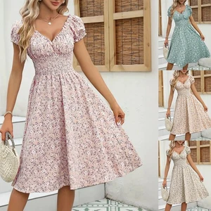 Damen Print Puffärmel Freizeitkleid V-Neck Sommer Strandkleid Reisekleid A-Linie - Bild 1 von 12