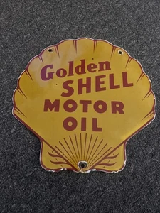 VINTAGE GOLDEN SHELL MOTOR OIL CLAM PORCELAIN SIGN GAS PUMP PLATE BRAND GASOLINE - Picture 1 of 3