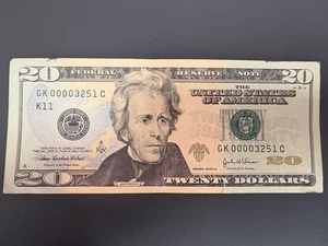 2004-A $20 TWENTY DOLLAR BILL EXTREMELY LOW SERIAL NUMBER NOTE GK00003251C BANK - Picture 1 of 10