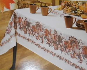 Bedruckter Stoff Leinen Tischdecke 60" x 104" Truthähne & Kürbis, Thanksgiving NEU - Bild 1 von 4