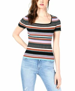 MSRP $60 Bar III Striped Square-Neck Short-Sleeve Sweater Multi Size Small - Picture 1 of 2