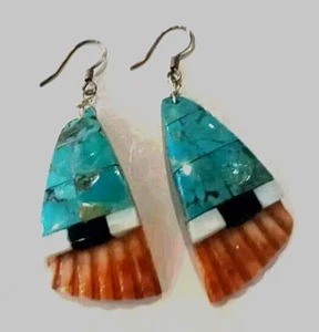 Stone Inlay Dangle Earrings - Santo Domingo Pueblo - Spiny Oyster - Picture 1 of 3