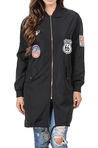 Auliné Collection Womens Lightweight Long Patched Windbreaker Bomber Jacket - Picture 1 of 15